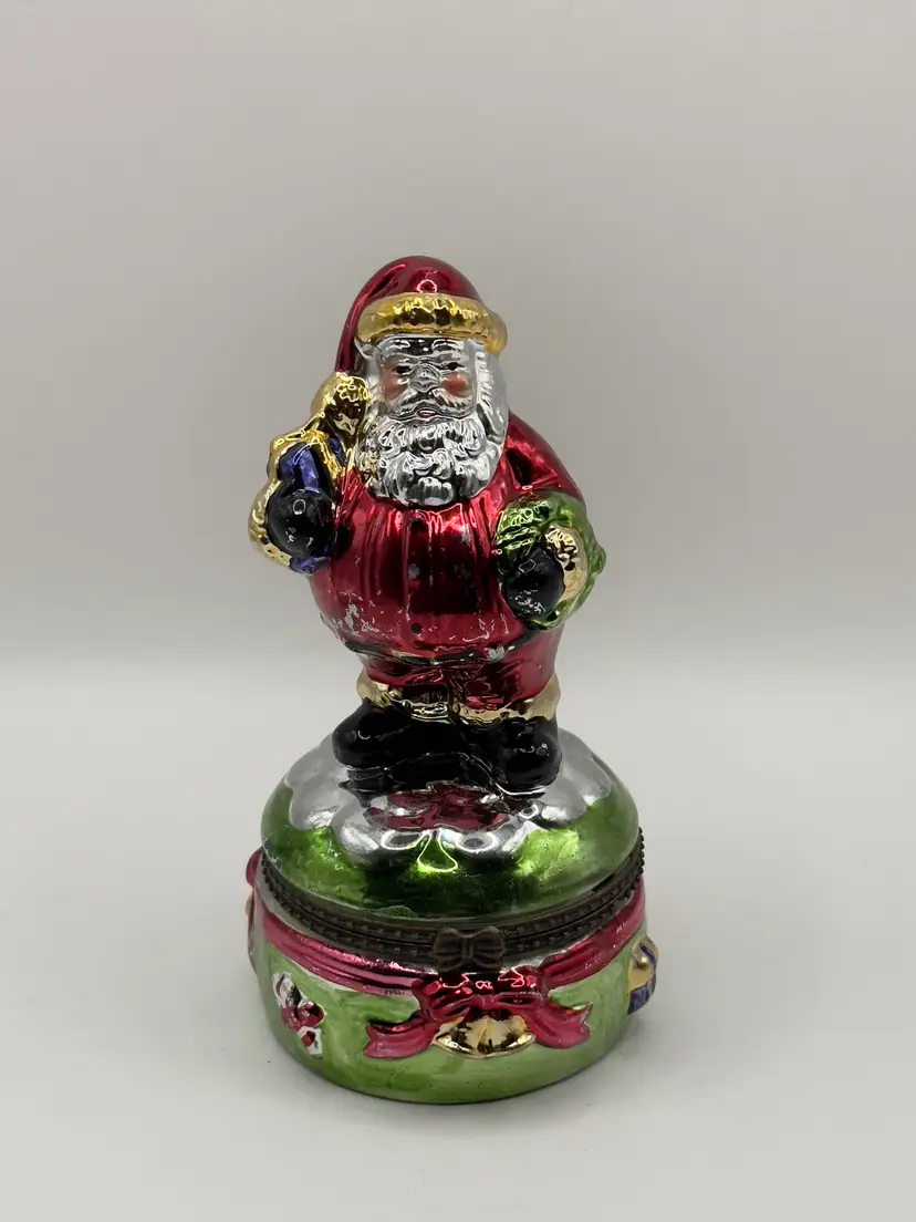 Vintage 2000 Silver Metal Santa Claus Hinged Trinket Box, Hand-Painted Christmas Decor, By Cornerstone Creations, Made In China