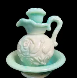 AVON Light Green Slag Glass Small Pitcher w/ Bowl & Rose Embossed Designs