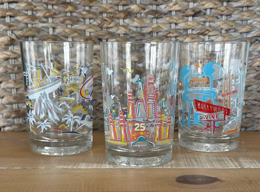 Walt Disney World 25th Anniversary McDonalds Glasses Remember The Magic Lot Of 3 Includes: Magic Kingdom, MGM Studios (now Hollywood Studios) and Typhoon Lagoon.