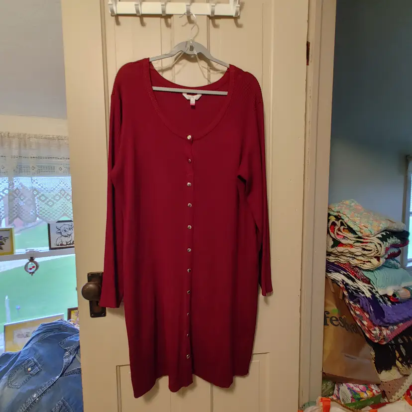 Top- Brand: No Boundaries. Size 4X. Maroon long cardigan. Material- 68% rayon, 32% polyester. No callouts.