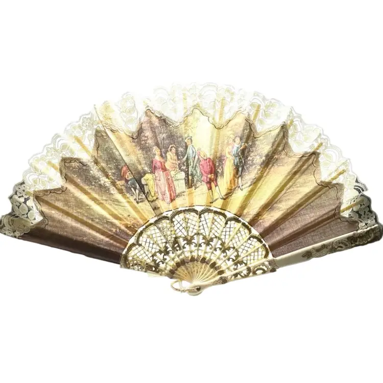 Stunning Lady’s Courting Folding Fan. Painted Plastic, Linen (?), and Lace. Garden Party Scene. Metal Ring & Tassel. Beautiful Decoration!