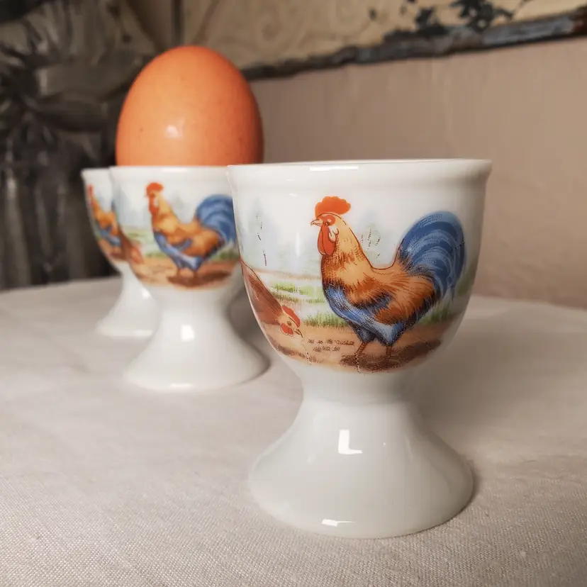 Vintage Porcelain Rooster and Hen Egg Cups Set of 3