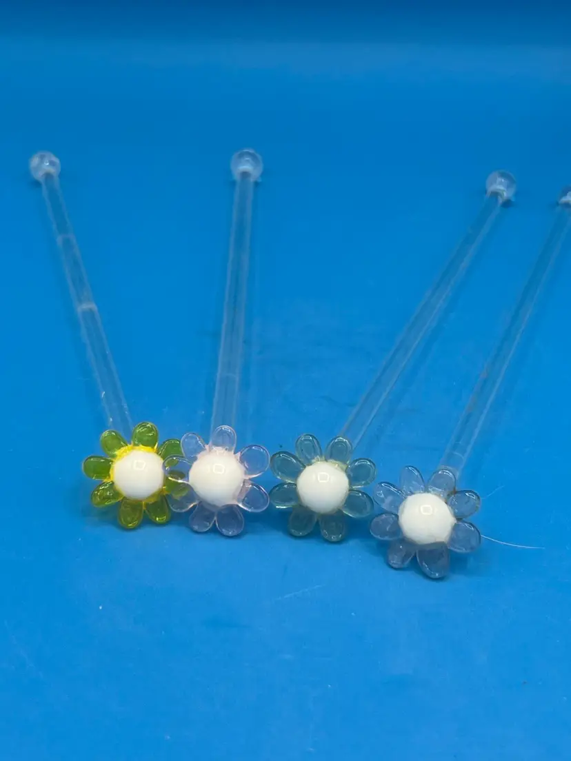 Blown Glass Daisy Flower Swizzle Sticks Vintage EUC