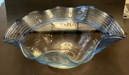 Hand Blown Glass Ruffled Clear Blue Bowl with Thread Swirl