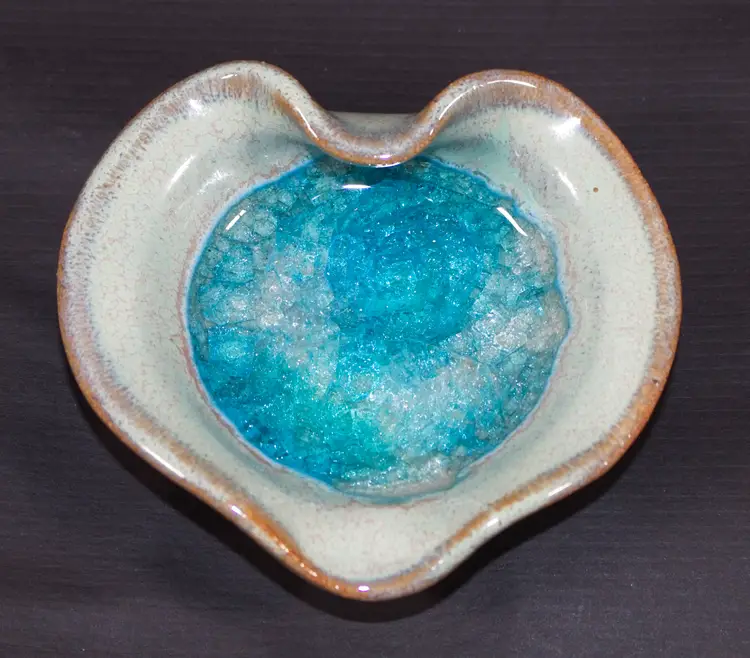 Art Pottery Turquoise Heart Shape Recycled Glass Trinket Dish Made in USA