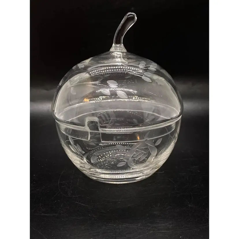 Vintage Clear Etched Glass Apple Shaped Lidded Jam/Condiment Dish