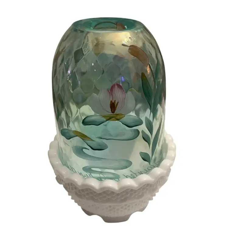 2-piece Fenton Diamond Optic Aqua Water Lily And Cattails Fairy Light HP By Jo Reynolds 4.75” X 3”