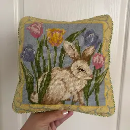 Vintage Needlepoint Bunny Rabbit Tulips Small Pillow