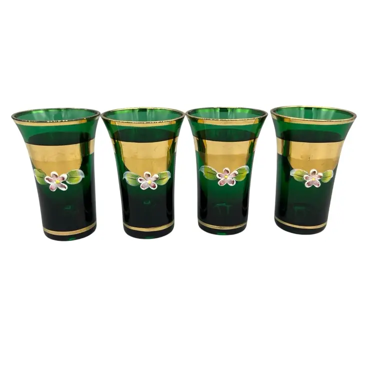 4 Vintage Czech Bohemian Gold Gilded Dark Green Shot Glasses Hand Painted Floral