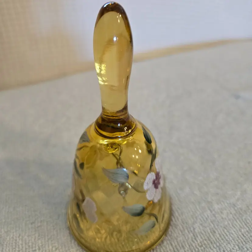 Vintage Fenton Frit And White Flowers Yellow Glass Bell.