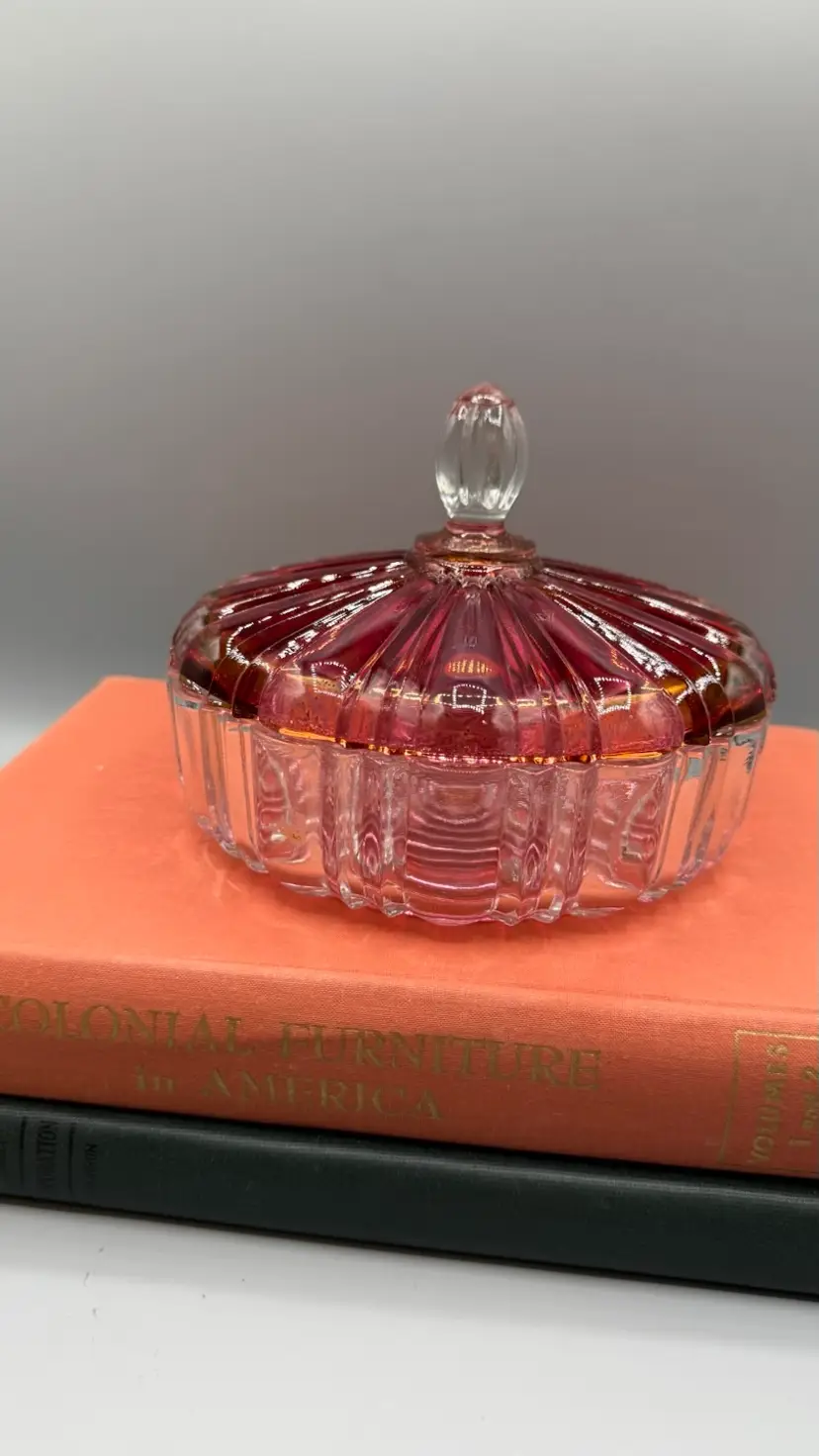 Vintage Anchor Hocking "Old Cafe" Candy Dish - Cranberry Ruby Flash Lid & Clear Spiderweb Base (1936–1940) 7”x 4 3/4”