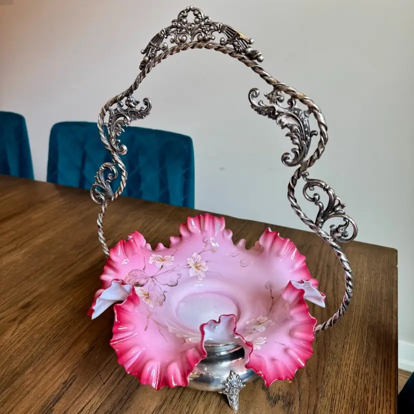 2 piece Antique 11” Pink hand painted Fenton Victorian brides 15” tall silver plated basket