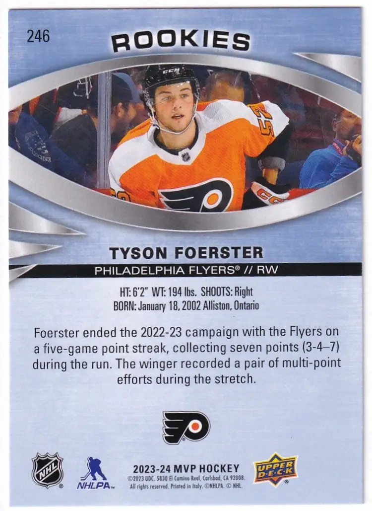 2023-24 Upper Deck MVP #246 Tyson Foerster SP RC Philadelphia Flyers Hockey Card