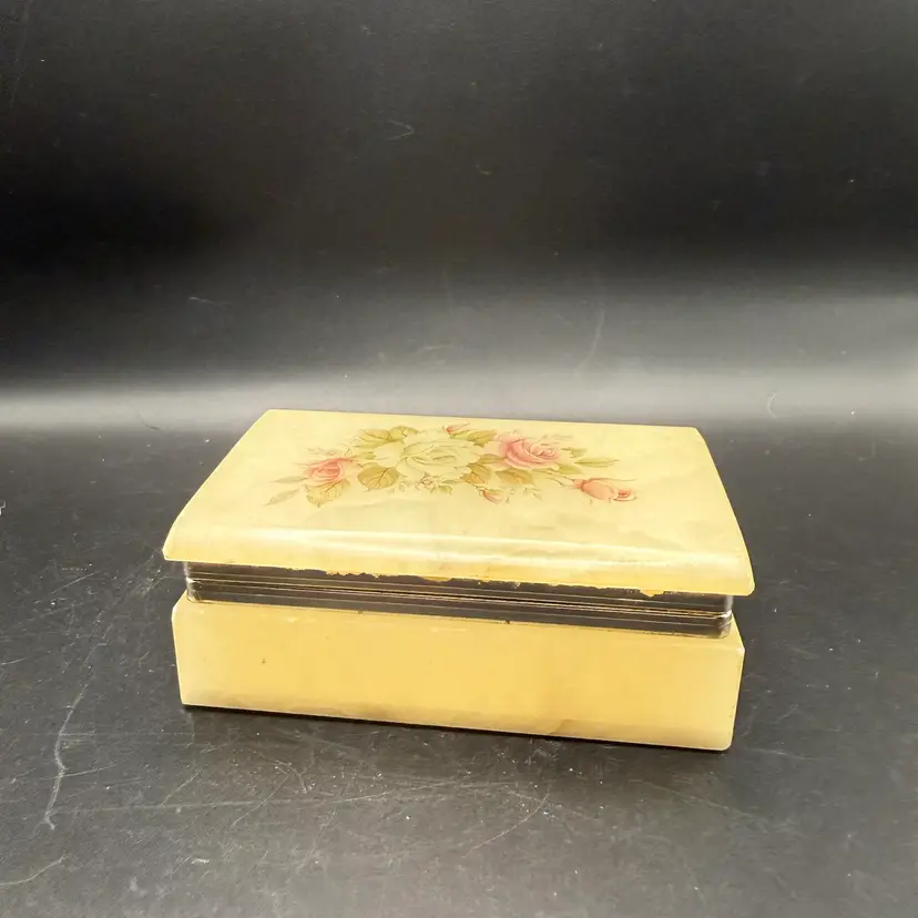 Vintage Yellow Alabaster Jewelry Box With Applied Floral Decoration