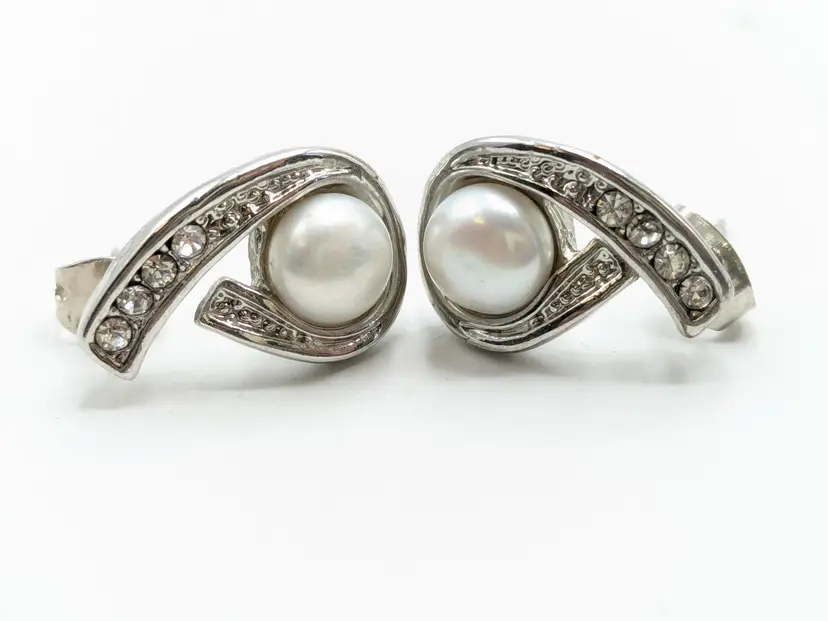 Silver Tone Faux Pearls with Rhinestones Pierced Earrings