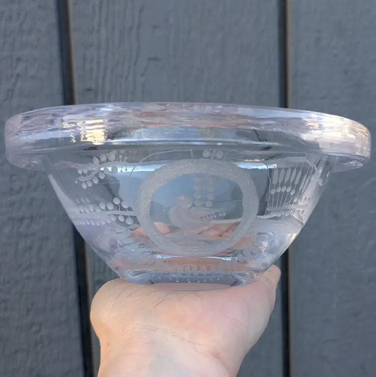 Vintage Goran Warff Kosta Boda Engraved Bird Art Glass Crystal Bowl MCM Sweden