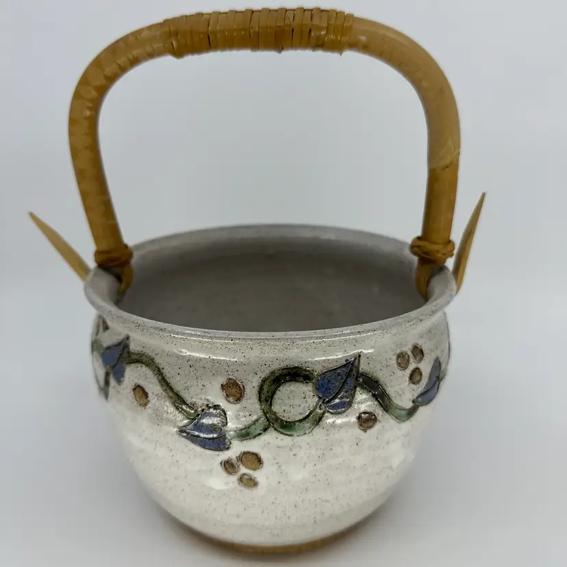 Handmade Studio Pottery Basket With Bamboo Handle Signed
