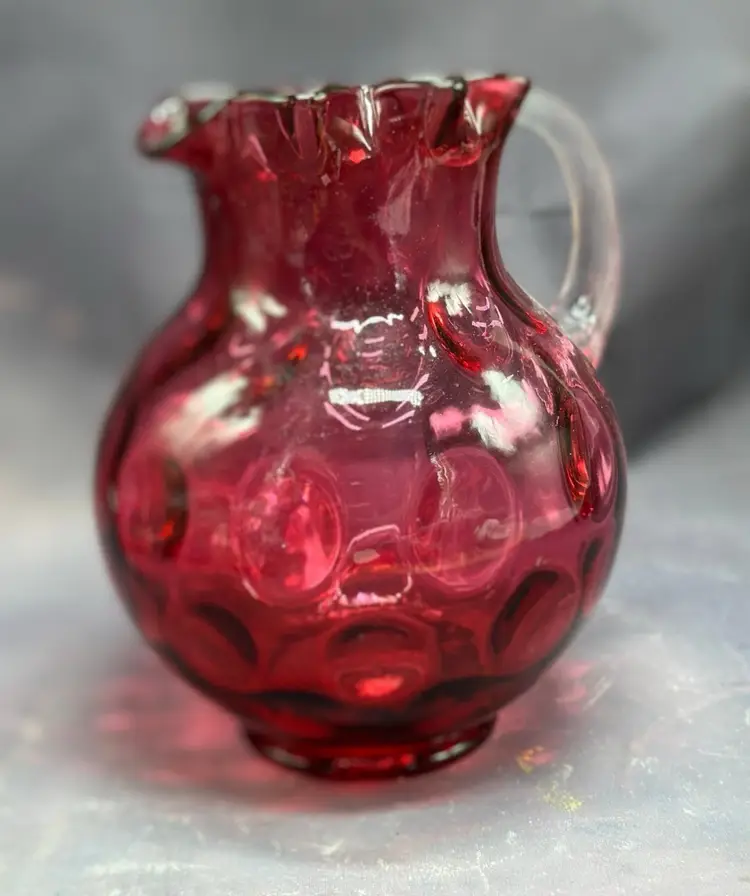 SALE Vintage FENTON Cranberry Coin Dot Crimped Pitcher Clear Rib Applied Handle