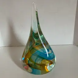 Teardrop Art Glass Paperweight Green And Brown Swirl In Clear Glass 6”x3”