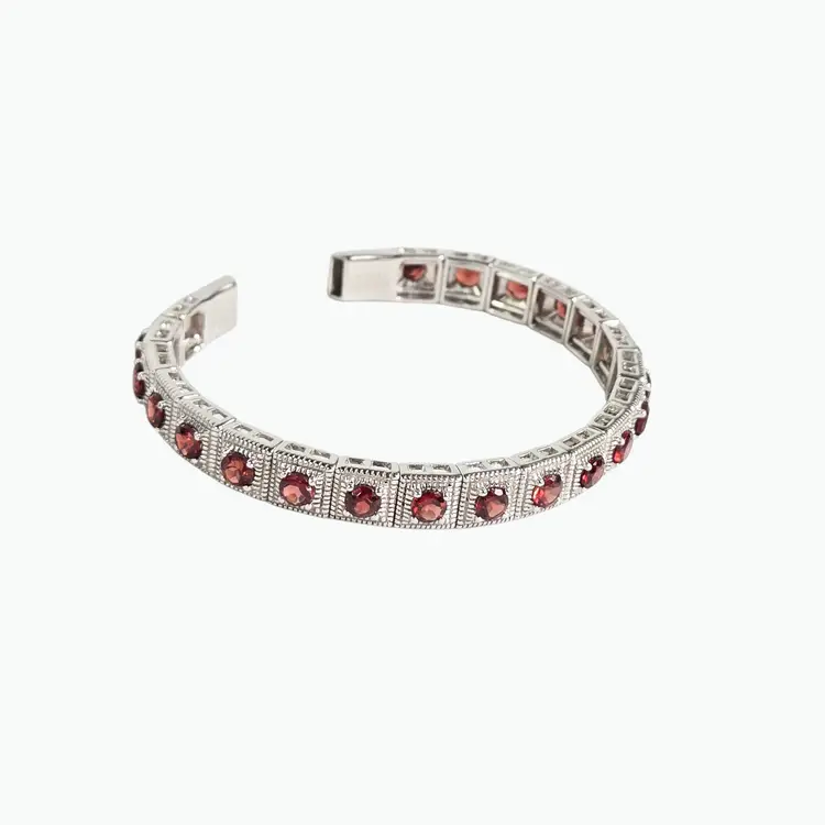 Sterling Signed Garnet Tennis Cuff Bracelet