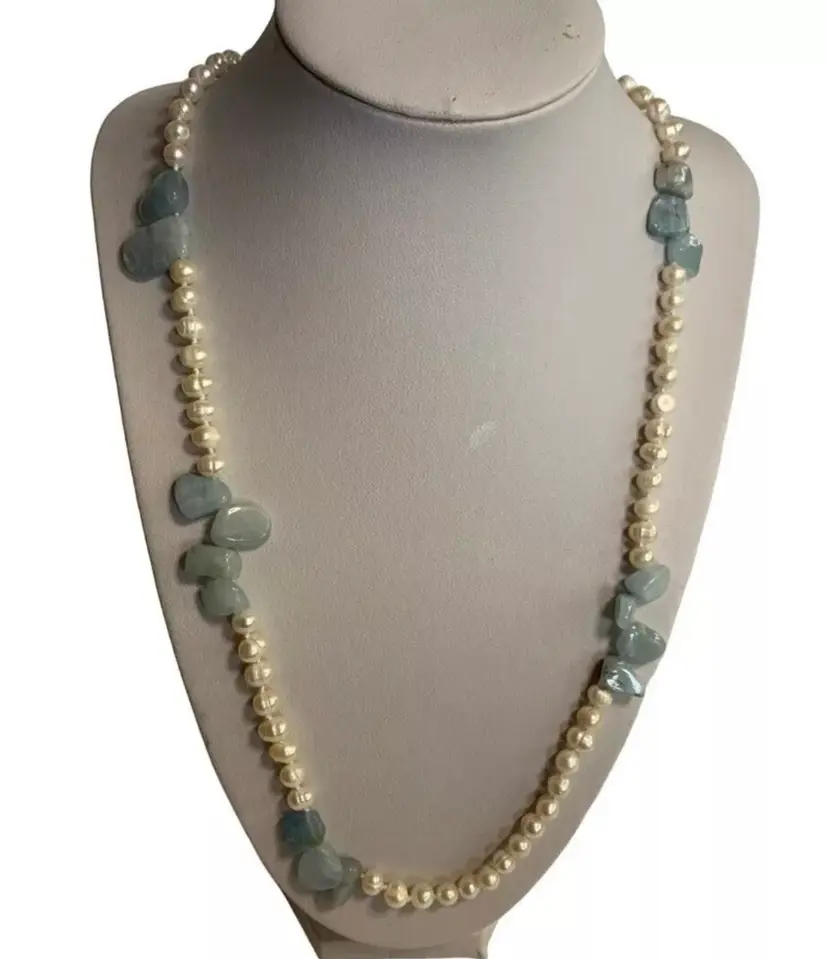 Necklace Aquamarine & Fresh Water Pearls 22" Extender Thailand