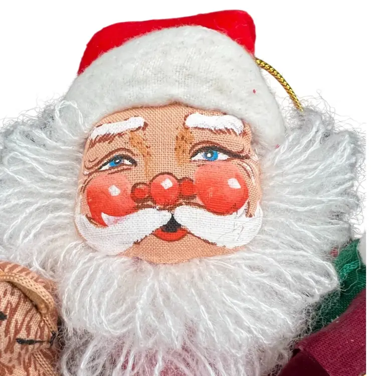 SANTA STUFFED FIGURE Hand Painted Face 11x5” Stuffed Fabric