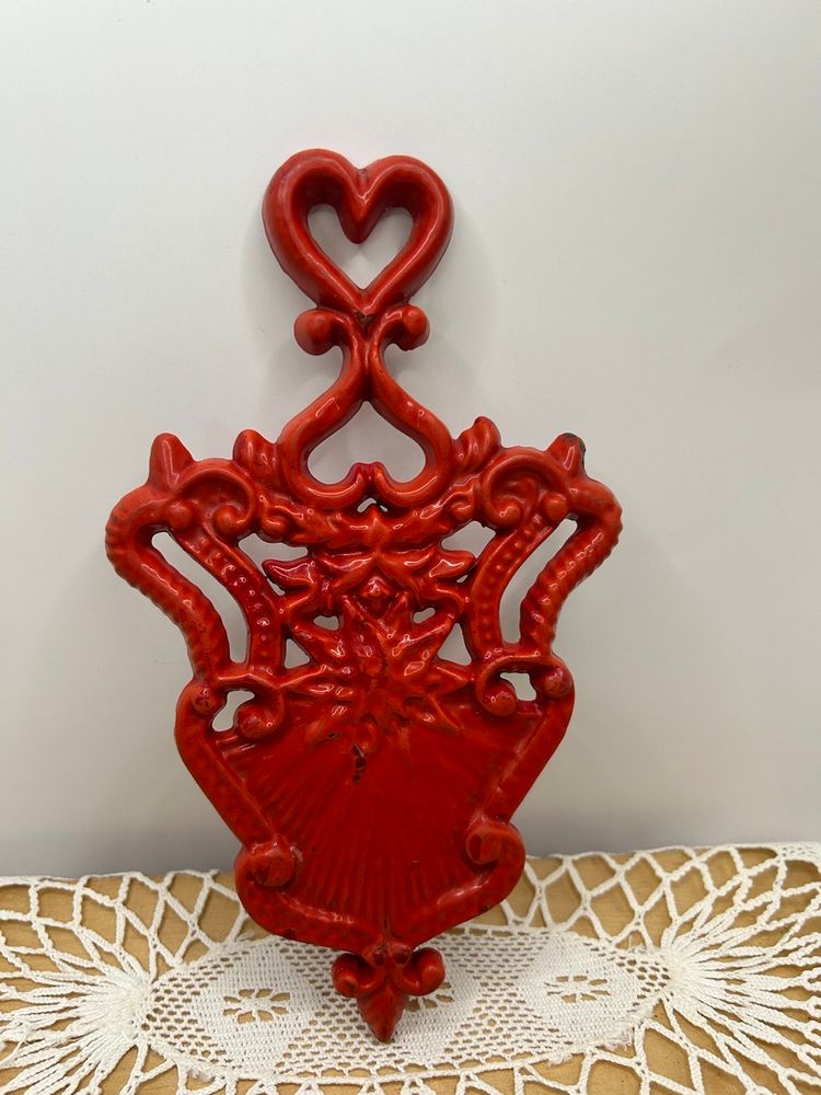 Vtg Cast Iron Red Trivet 8 3/4x5 Some Wear As Indicated In Photos