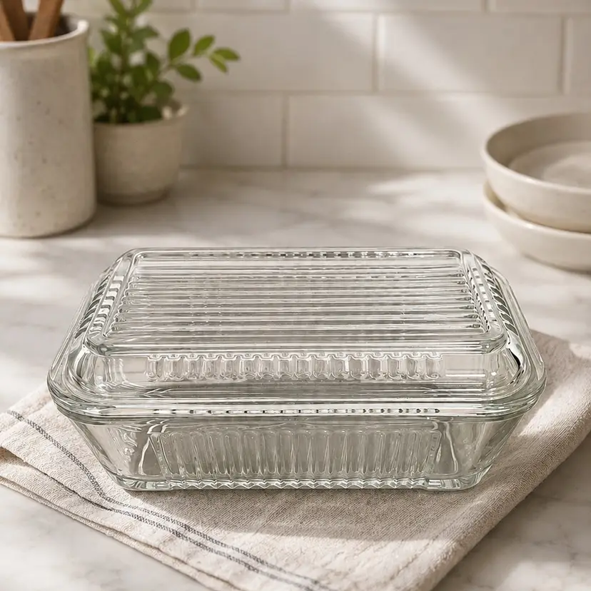 Vintage Retro Clear Ribbed Glass Paşabahçe Refrigerator Dish with Lid