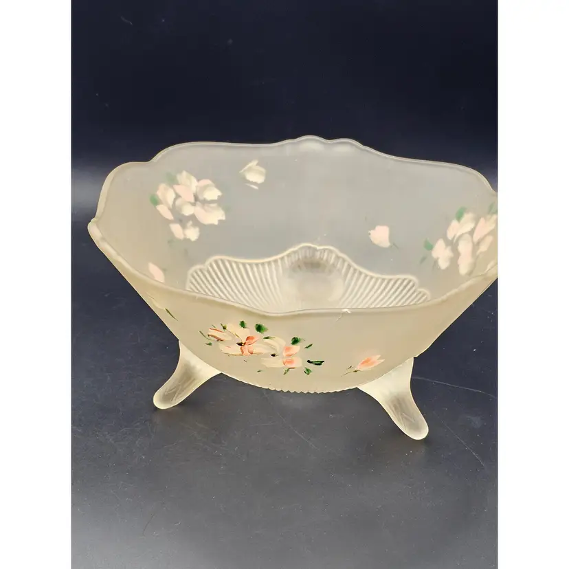 Vtg Frosted Glass Three Footed Bowl Hand Painted Floral Design 8"