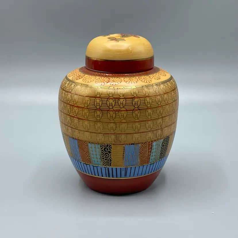 Thousand Faces Ginger Jar Butterfly Lid Orange & Red with Blue