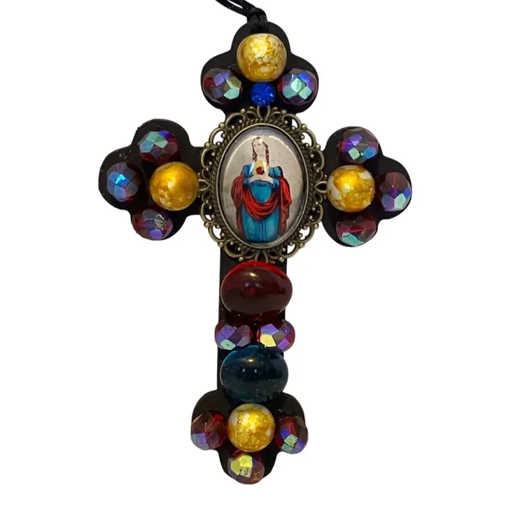 Handmade Immaculate Heart Of Mary 4” Cross Ornament Or Wall Hanging