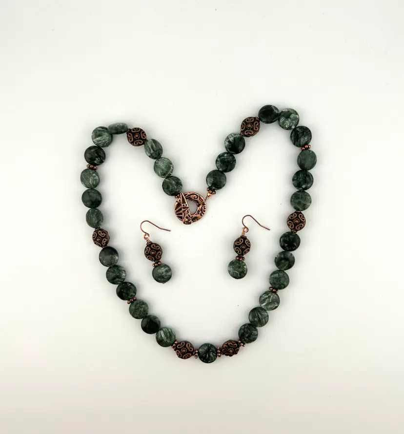 Seraphinite and Copper Beaded Necklace and Earring Set Made By Me