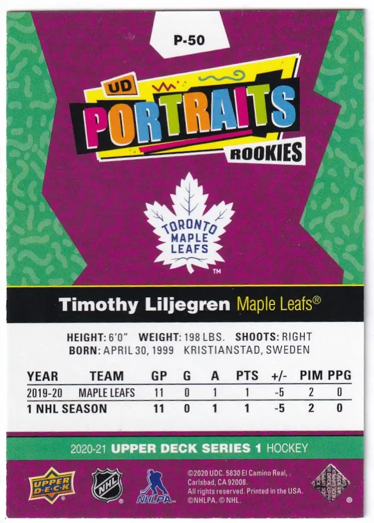 2020-21 Upper Deck UD Portraits Green #P50 Timothy Liljegren Toronto Maple Leafs Hockey Card