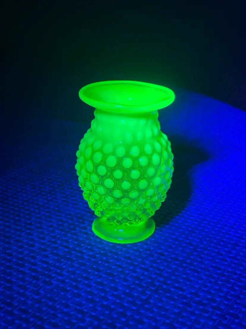 Fenton Topaz Opalescent Vaseline Glass Hobnail Miniature Vase 3.75” tall