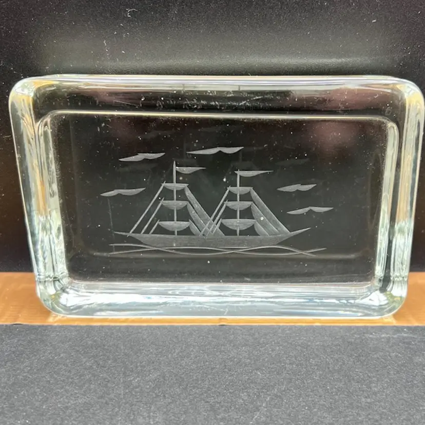 Vintage Rectangular Clear Glass Paperweight with Etched Boat Sailing