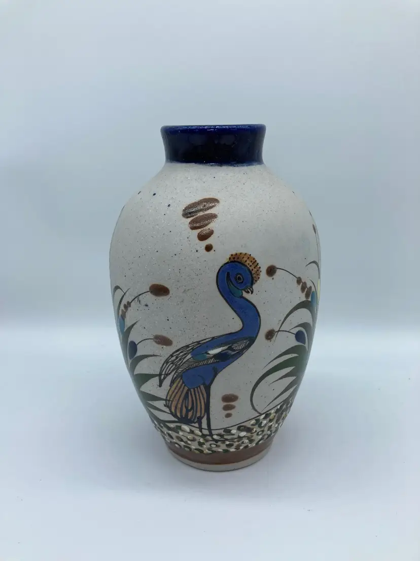 Vintage Mexican Tonala hand painted bird vase