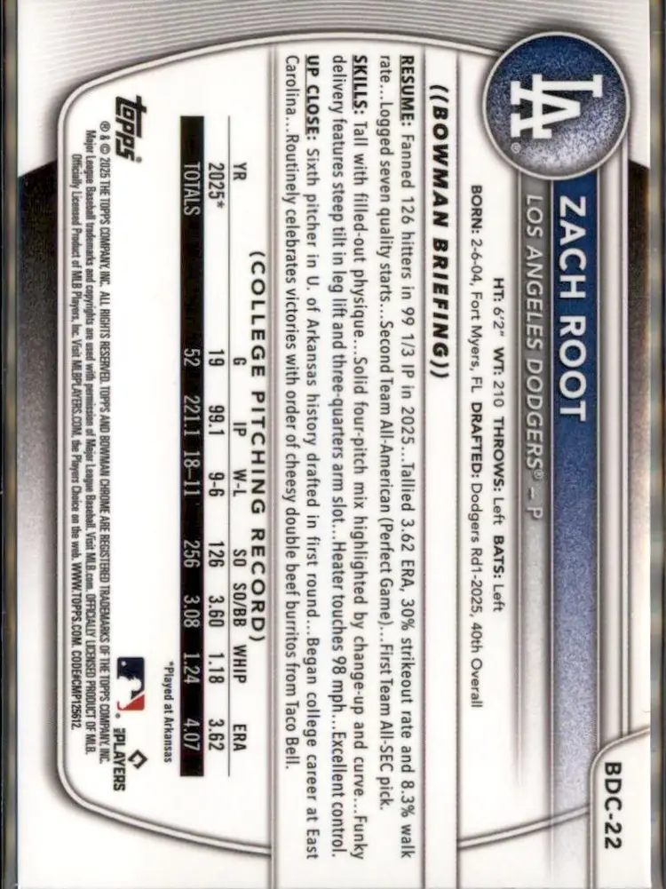 2025 Bowman Draft #BDC-22 Zach Root Chrome Sky Blue Refractor - (138) - Los Angeles Dodgers