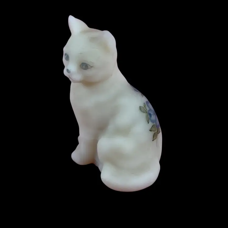 Fenton Cameo Satin Glass Cat With Hand Painted Blue Dogwood, Signed