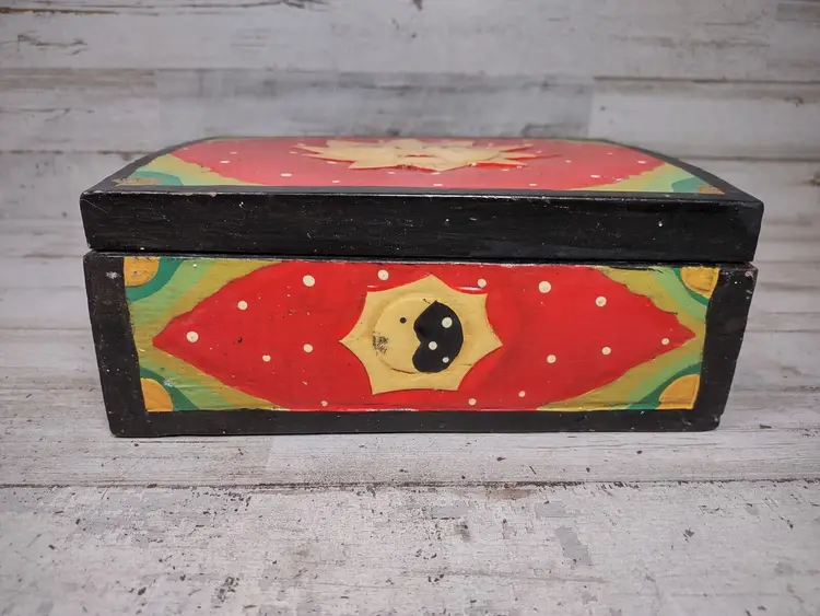Vintage Handpainted Hinged Wooden Carved Box Sun Face Moon Yin Yang Hippie