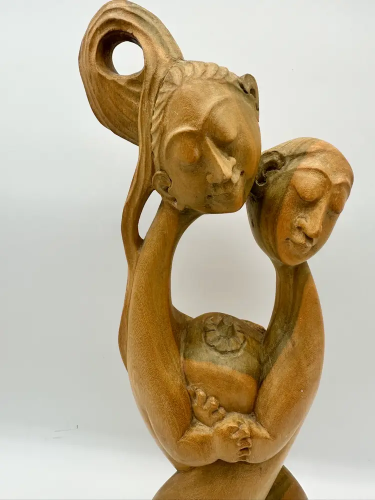 Vintage MCM Ethnic Hand Carved Wooden Man Woman Abstract Sculpture 16.5in Signed