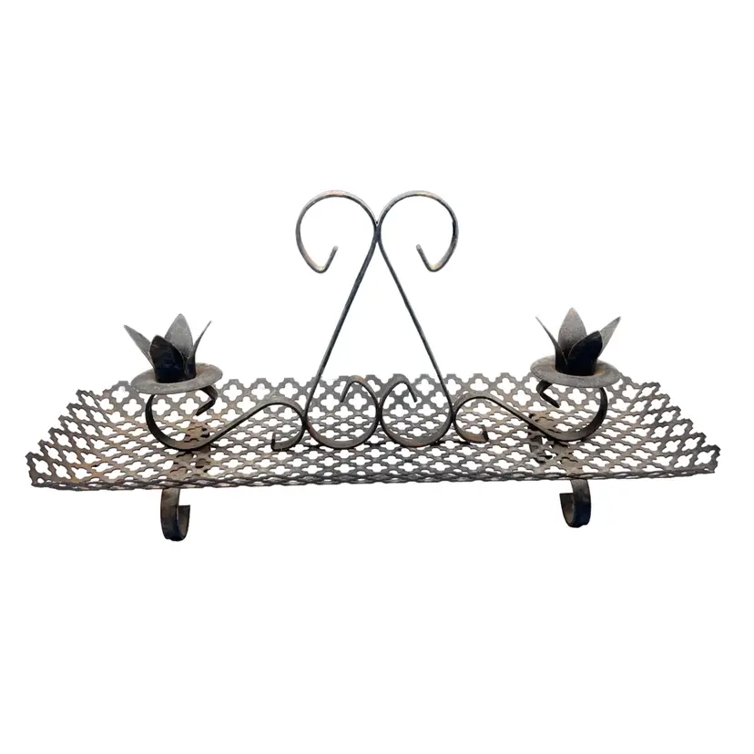 Vintage Retro Black Metal Clover Cut Out Two Candle Holder Shelf/Tray