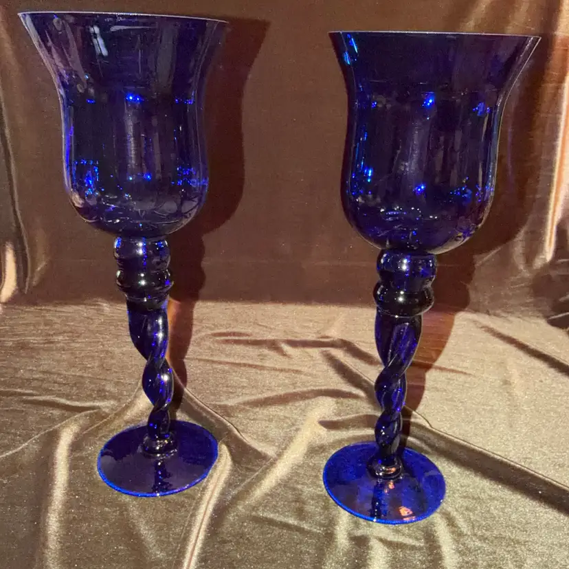 Absolutely Stunning Vintage Cobalt Blue Candle holders ~12.5” Tall **CALLOUT** Tiny chip in rim of one- Please see pictures