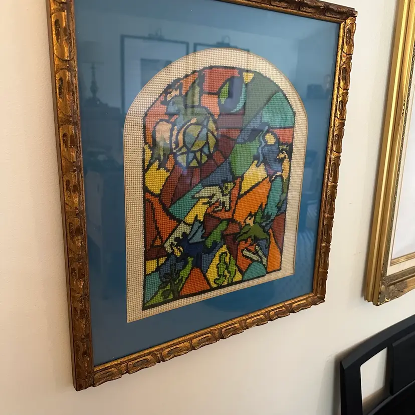 Framed Needlepoint Picture - Faux Stained Glass Window -Critters