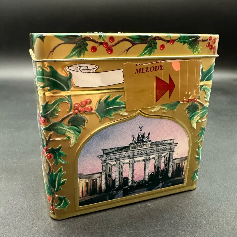 Vintage Lambertz Golden German Cookie Christmas Music Box "Wish You A Merry Christmas” Tune, Original Stickers, Works!