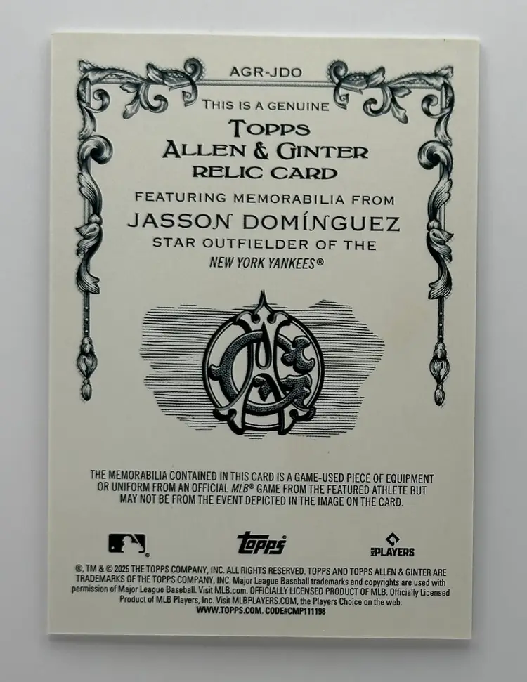 Jasson Dominguez Game Used Relic 2025 Allen & Ginter