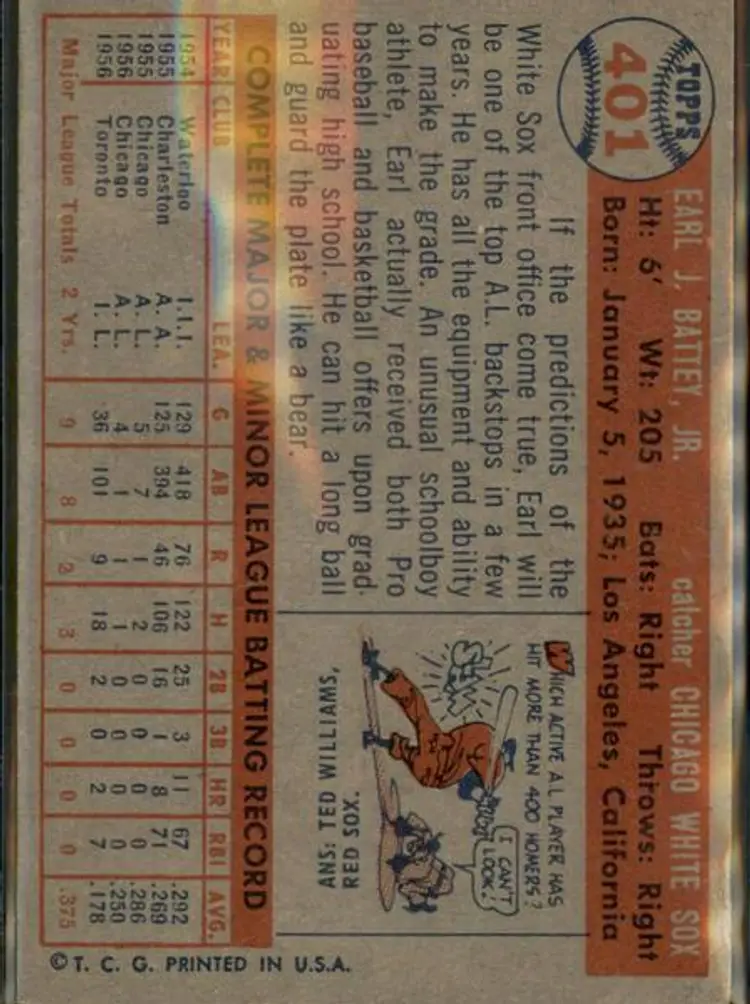1957 Topps #401 Earl Battey - ( pk1 ) - Chicago White Sox