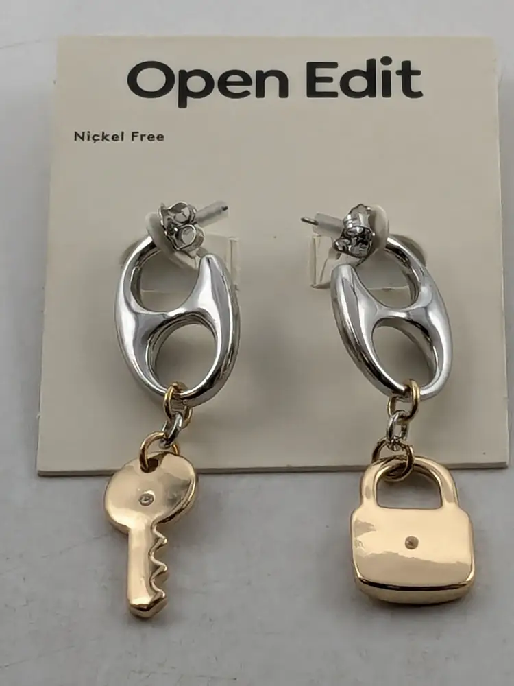 Nordstrom Open Edit Silver Gold Tone Mariner Link Lock and Key Earrings NWT