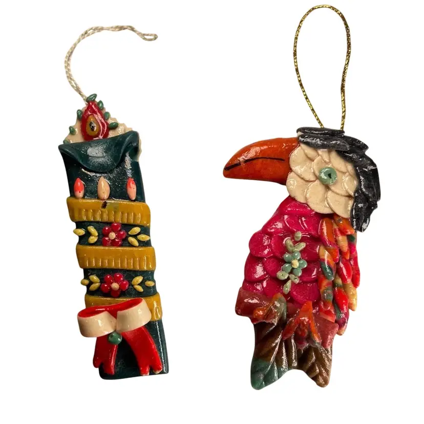 Handmade Folk Art (Ecuador) Set of 2 Bread Dough Candle & Toucan Christmas Ornaments
