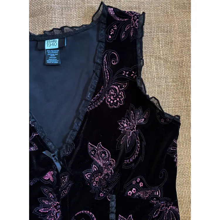 Vintage Black Velvet Pink Glitter Sleeveless Shirt Top Sz Medium Whimsigoth Punk