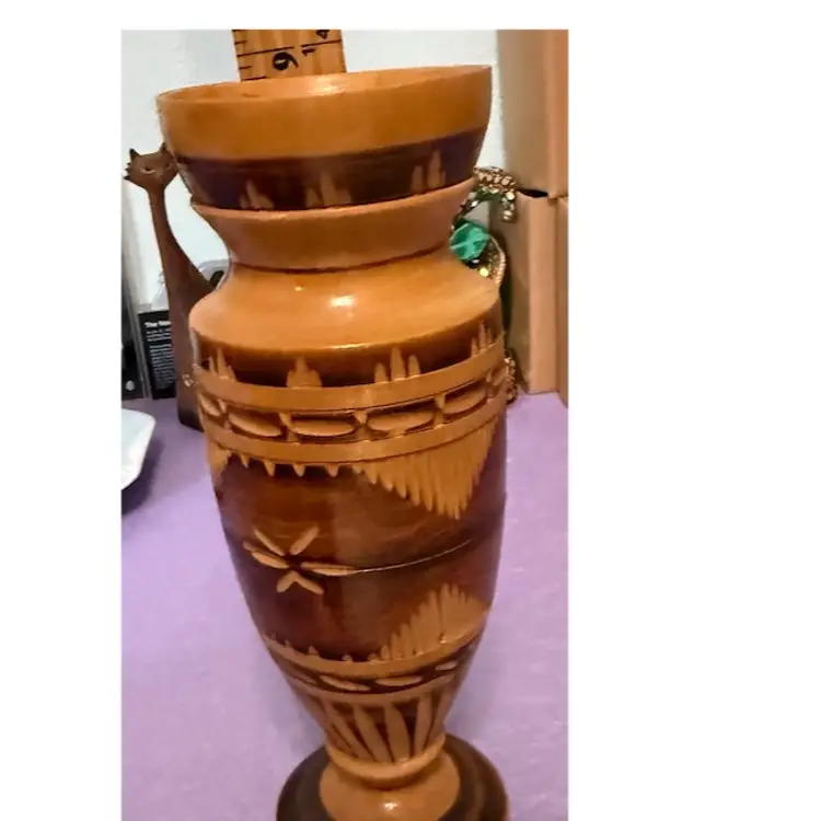Vintage Hand Carved Two-Tone Wooden Vase, Folk Art Etched